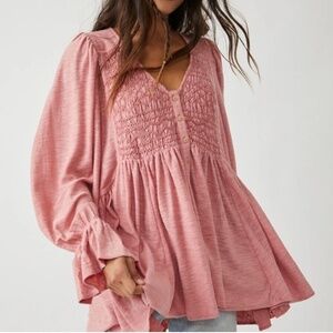 Free People Don't Call Me Baby Smocked Top Tunic in Rosie Pink